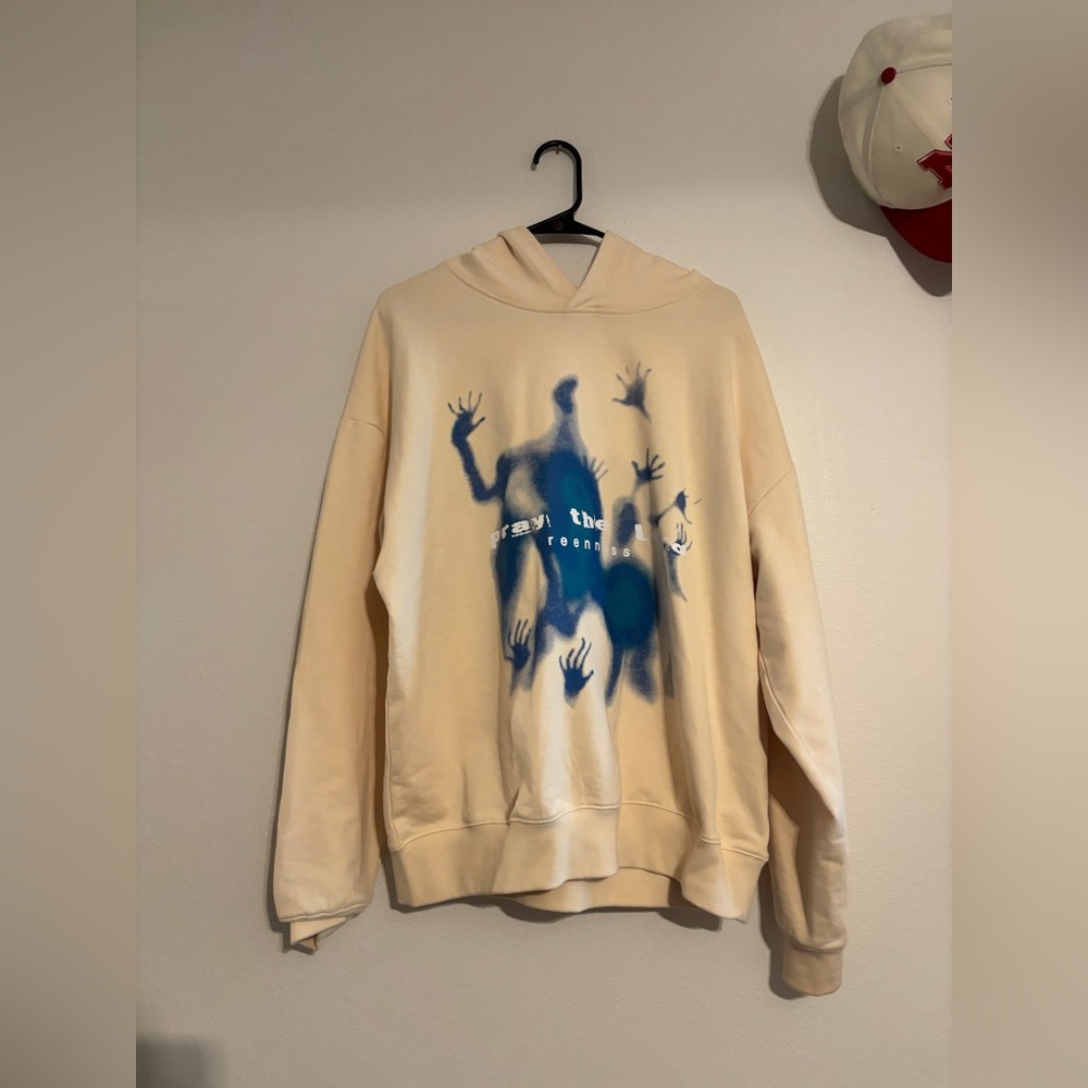 Cream Hoodie with Blue Graphic